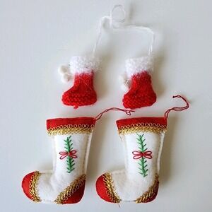 Vintage 80s Handmade Christmas Stocking Ornaments Knit Felt Embroidered Holidays